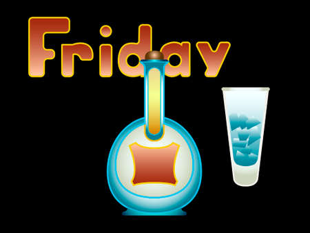 illustration symbolizing friday and the coming weekend with a bottle of alcohol and a glass for greeting cards and messagesのイラスト素材