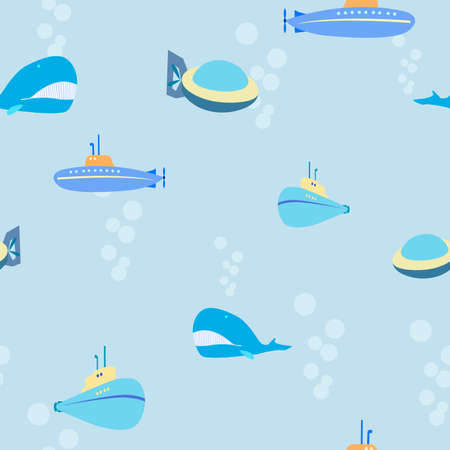 seamless pattern with the image of submarines and whales in children's cartoon style for prints on fabrics, packaging and for decorating the backgrounds of children's cards and interiorsのイラスト素材