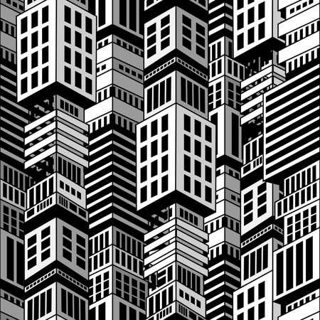 seamless background in the form of an image of multi-storey buildings of a metropolis in black and white for printing on fabrics, covers, as well as for decorating interiors in an urban styleのイラスト素材