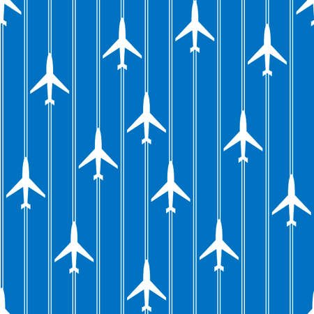 seamless pattern with the image of aircraft in white and blue tones for printing on fabric, packaging, banners, as well as for interior design, letterheads, booklets in the passenger transport styleのイラスト素材