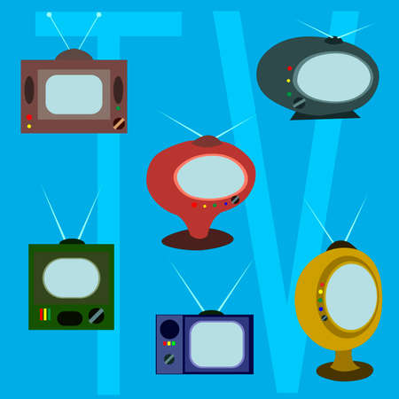 vector illustration depicting TVs of various shapes in vintage style for prints on postcards, banners, packaging and for decorating backgrounds in vintage styleのイラスト素材