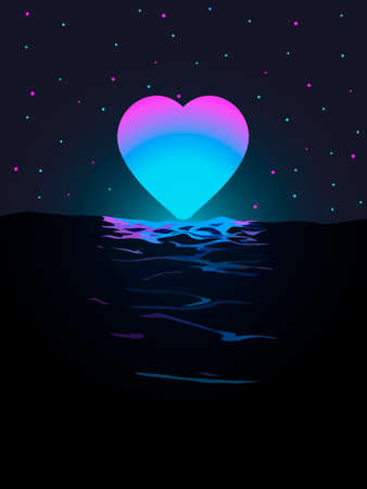 night lunar landscape on the sea with the image of a heart instead of the moon for prints on postcards, banners, as well as for interior design in a romantic styleのイラスト素材