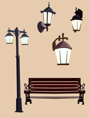 a set of vector images from various lamp citys and benches in vintage style, for the design of illustrations, scenes, banners, landscapes in the old urban styleのイラスト素材