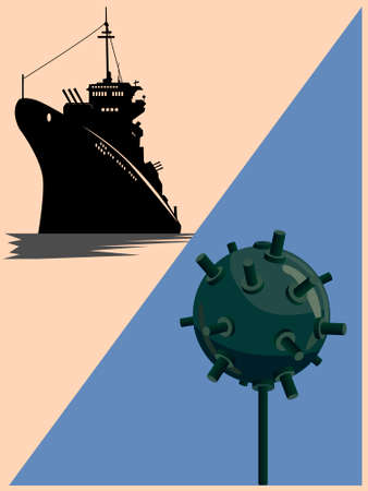 vector illustration depicting the silhouette of a warship and a naval mine for the design of illustrations and backgrounds in a naval military styleのイラスト素材