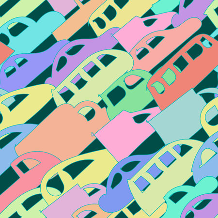 seamless color pattern with the image of cars in a cartoon style for prints on fabrics, children's clothing, packaging and interior design backgrounds in a cartoon styleのイラスト素材
