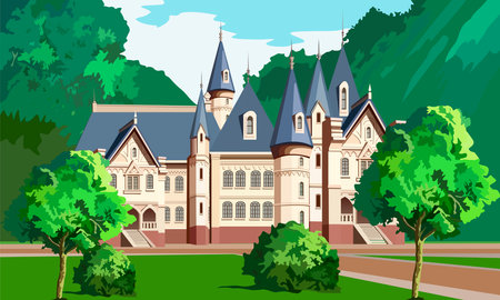 vector illustration depicting a fairy-tale palace in the forest for prints on book covers and for the design of other illustrations, scenes and interiors in a fairy-tale cartoonのイラスト素材