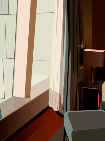 vector illustration depicting a window in a room with furniture elements for decorating interiors, studios and stages, as well as for creating other illustrationsのイラスト素材