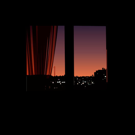 vector illustration depicting the view from the window in the evening for the design of interiors of...