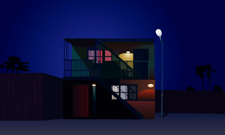 vector illustration depicting a small house at night illuminated by a street lamp, for decorating interior scenes and for making other illustrationsのイラスト素材