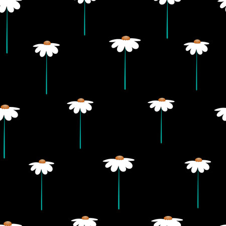 seamless color vector pattern of daisies on a dark background for printing on fabrics, packaging, postcards, as well as for creating and decorating other illustrations and interiorsのイラスト素材