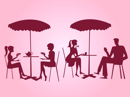 vector illustration depicting silhouettes of people sitting in summer coffee at tables under umbrellas for decorating cafe interiors, stages and for printing on postcardsのイラスト素材