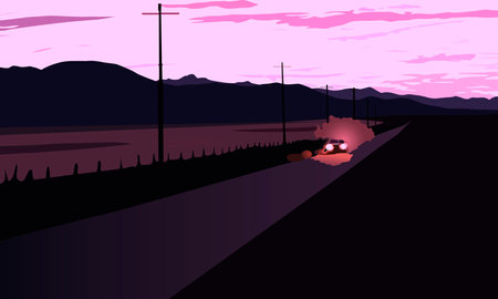 vector illustration depicting a country evening road and a lonely car on it for prints and interior design and scenes in the style of adventure and travelのイラスト素材