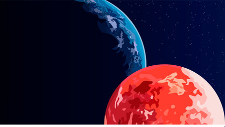 vector illustration depicting planets in outer space in red and blue shades for the design of space, fantasy scenes and interiorsのイラスト素材