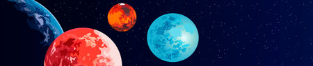 color vector illustration depicting planets in space as a decorative horizontal panorama for...