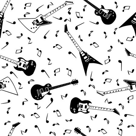 seamless black and white seamless musical pattern with a ramdom image of guitars and musical notes for prints on fabrics, packaging, covers and for decorating interiors and stagesのイラスト素材
