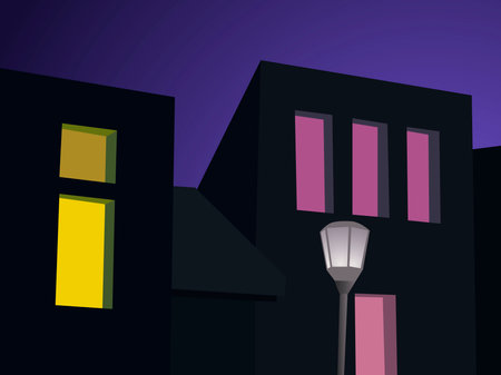 vector illustration depicting a house and a street lamp at evening twilight for interior design, clubs, studios and stagesのイラスト素材