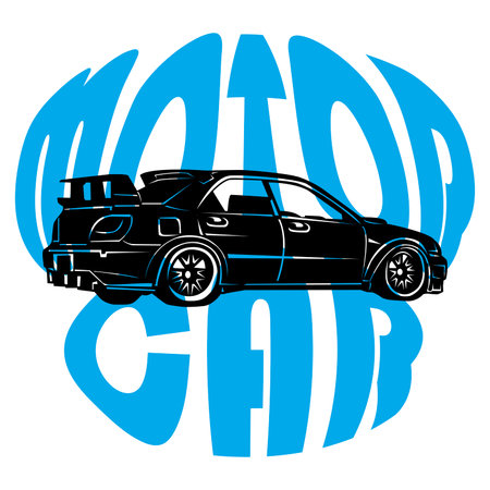 vector illustration with a black and white vector silhouette of a sports car on a background of blue text for printing on t-shirts, banners, stickers and for designのイラスト素材