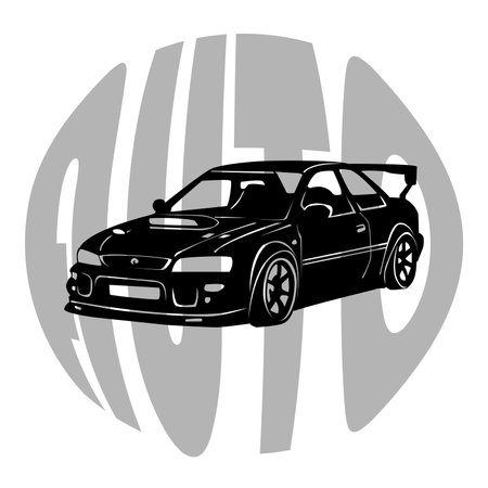 black and white vector illustration with a silhouette of a sports car as a symbol of motorsport for prints on cards, banners, posters and decoration in a sporty styleのイラスト素材