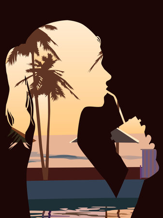 vector illustration depicting the silhouette of a girl drinking a cocktail, filled with the image of the sea coast, for prints on clothing, postcards. banners and decoratingのイラスト素材