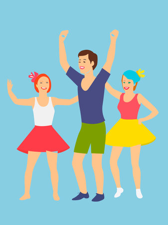 color vector illustration depicting joyful young dancing people for creating and designing cards, banners and social projectsのイラスト素材