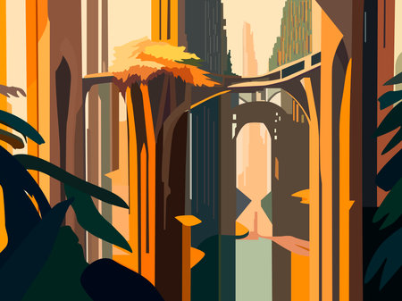 color vector illustration depicting the panorama of the city in a fantasy style for prints on banners, postcards and for decorating interiors and scenesのイラスト素材
