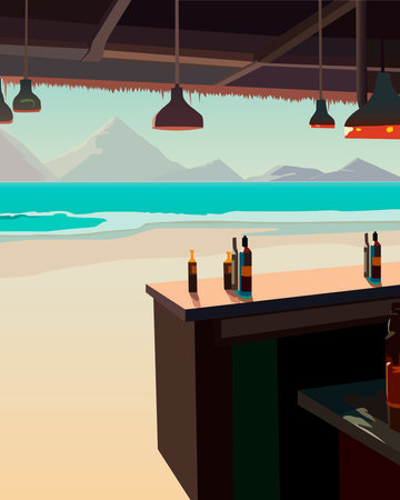 color vector illustration depicting the view from the beach bar to the sea for the design of banners, posters and scenes on the theme of leisure and travelのイラスト素材
