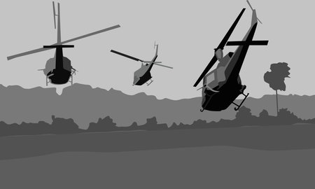 Helicopter in the field. Black and white vector illustration.のイラスト素材