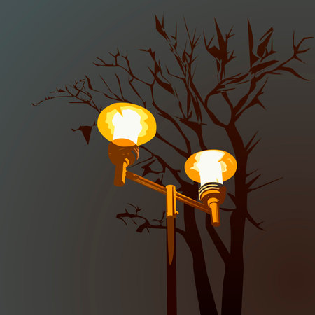 Lamp on the background of the trees and bats. Vector illustration.のイラスト素材