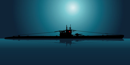 Silhouette of a military ship in the sea. Vector illustrationのイラスト素材