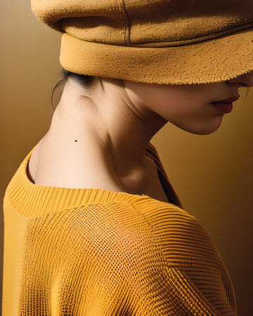 Fashion portrait of a beautiful girl in a yellow hat. Beauty, fashion.の素材