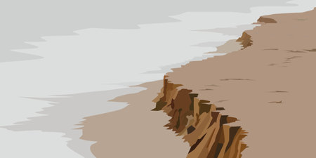 illustration of a cliff overlooking the ocean. The rock is shades of brown and beige, and some areas are eroded. the mood of the illustration is peaceful and serene.のイラスト素材