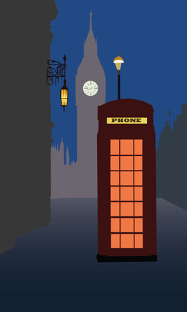 Vector illustration of a London phone booth at night with cityscape in the backgroundのイラスト素材