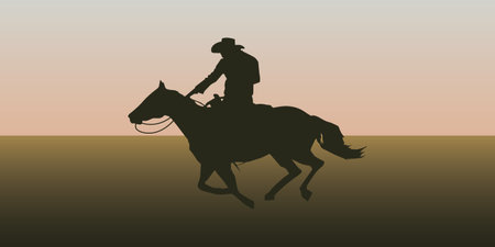 Cowboy riding a horse on a sunset background. Vector illustration.のイラスト素材