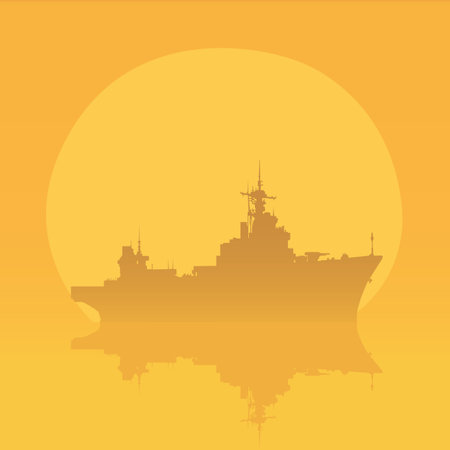 Silhouette of a warship on a sunset background. Vector illustrationのイラスト素材