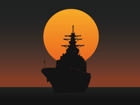 Silhouette of a warship at sunset. Vector illustration.のイラスト素材