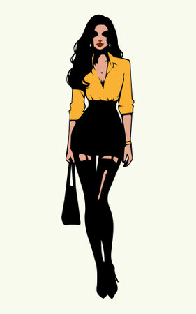 Fashion girl in yellow jacket and black skirt. Vector illustration.のイラスト素材