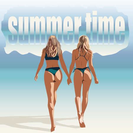 Summer time. Two girls in swimsuits on the beach. Vector illustration.のイラスト素材