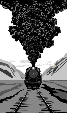 Vector illustration of a steam locomotive with smoke in the mountains.のイラスト素材