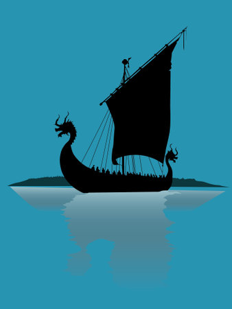Silhouette of a pirate ship in the sea. Vector illustrationのイラスト素材