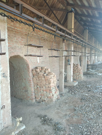 Interior of an old brick building with a lot of bricks.の写真素材