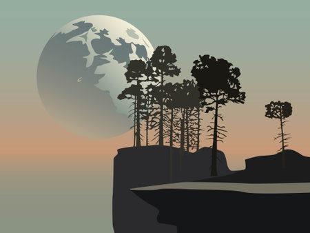 Silhouette of pine trees on the cliff. Vector illustration.のイラスト素材
