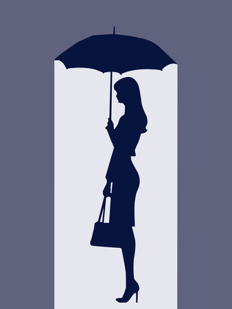 silhouette of a woman with umbrella on a blue background.のイラスト素材