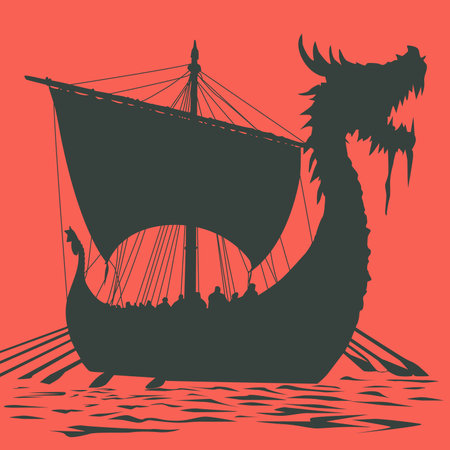 Viking sailboat at sea. Vector illustration on a red crimson background. EPS 10. For prints in a symbolic Old Norse style.のイラスト素材