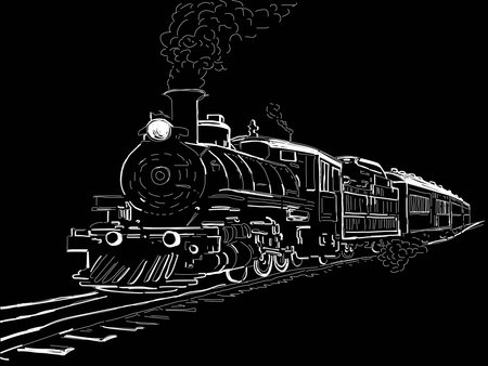 Steam locomotive on a black background. Vector illustration of a steam locomotive.のイラスト素材