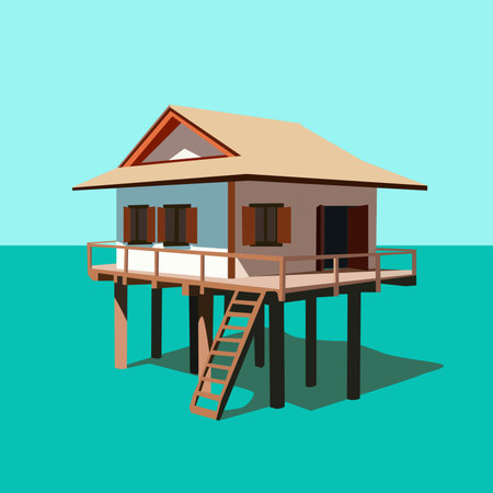 A beautiful little wooden house on stilts over the water. Flat style vector illustration for your sunny tropical vacation-themed designs.のイラスト素材