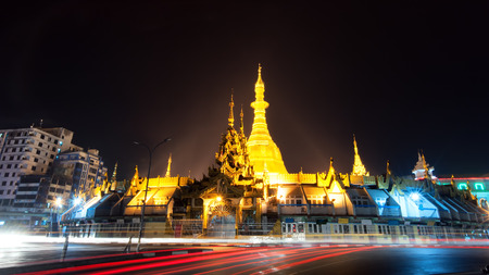Yangon Myanmar, night cityscape with Sule pagoda in front