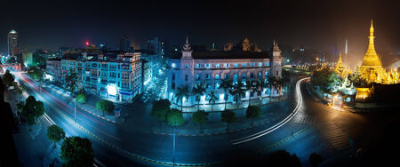 Yangon Myanmar, night cityscape panorama with Sule pagoda