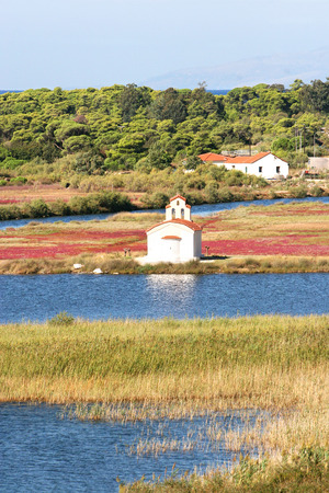 Church of St. Peter on the shore of Lake Procopius and protected forest of Strofilia. Peloponnese, Greeceの写真素材