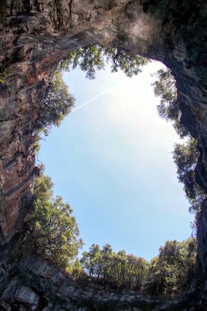 Failure in a karst cave above Lake Melissani. Greece. Kefalonia island