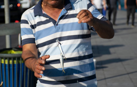 Close-up of the fishermans hands. Hands remove from the hook just caught fish.の写真素材